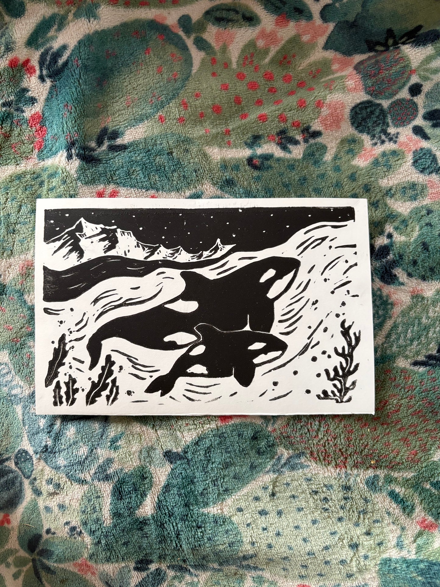 Swimming Orcas Linocut Print