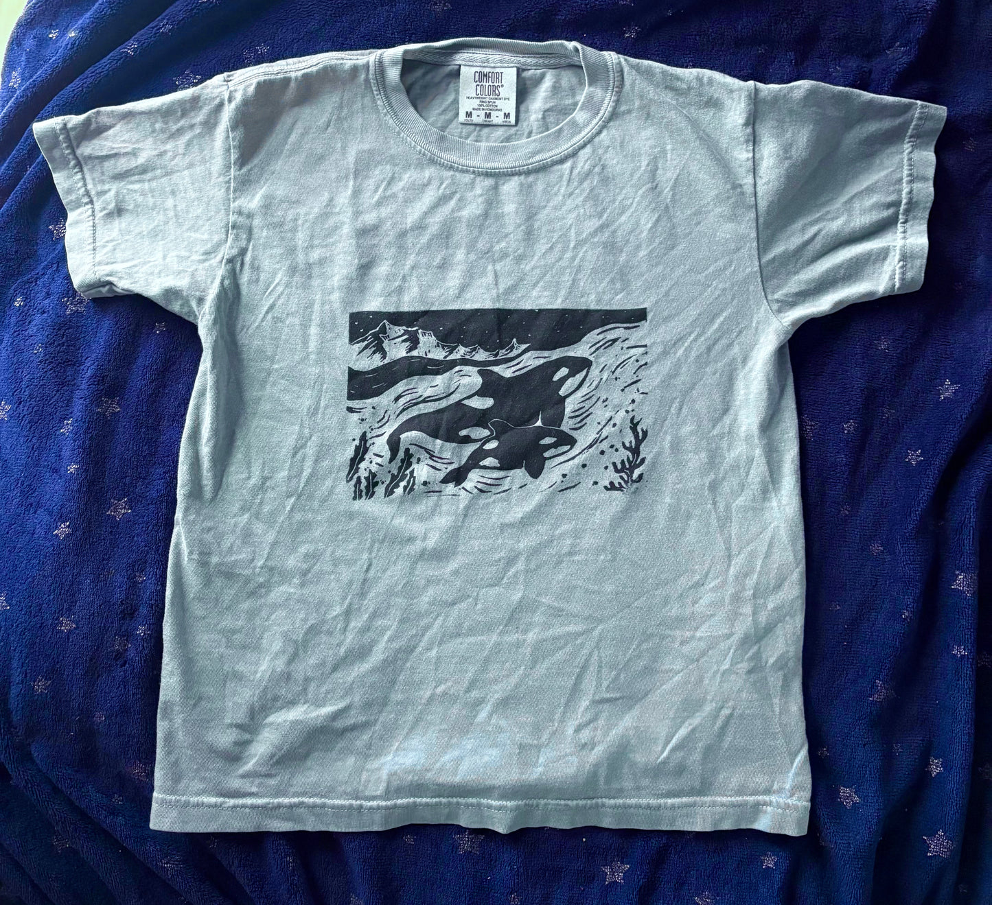 Swimming Orcas Handprinted Tee