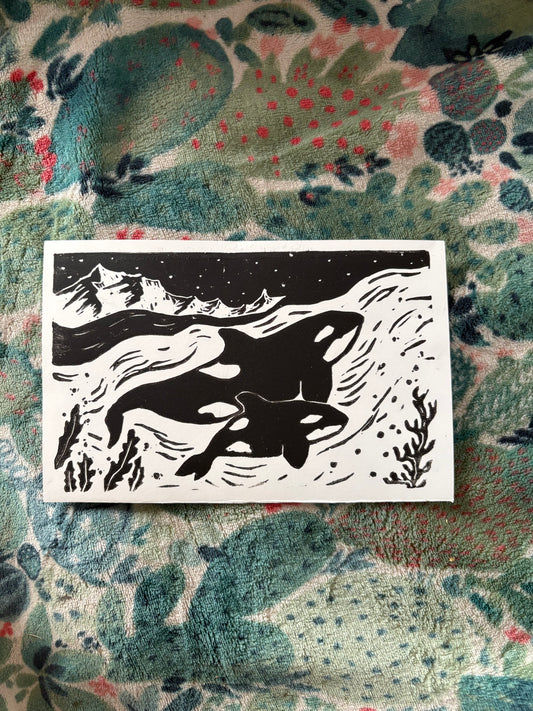 Swimming Orcas Linocut Print