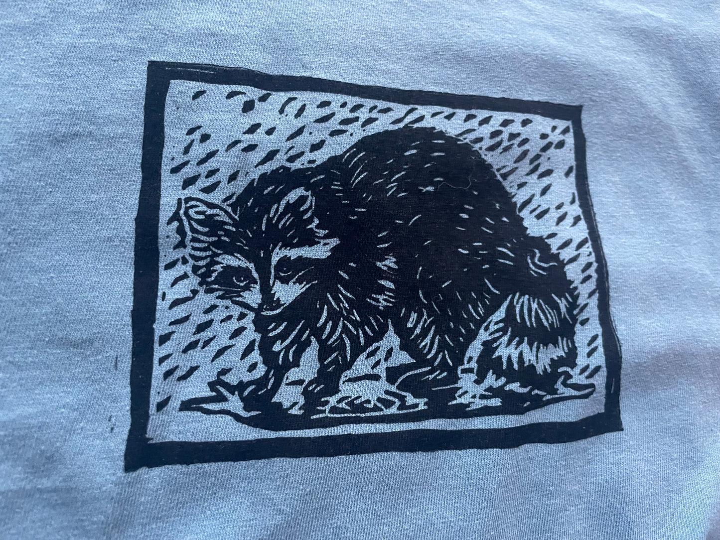 Marty- Rainy Raccoon Handprinted T-Shirt