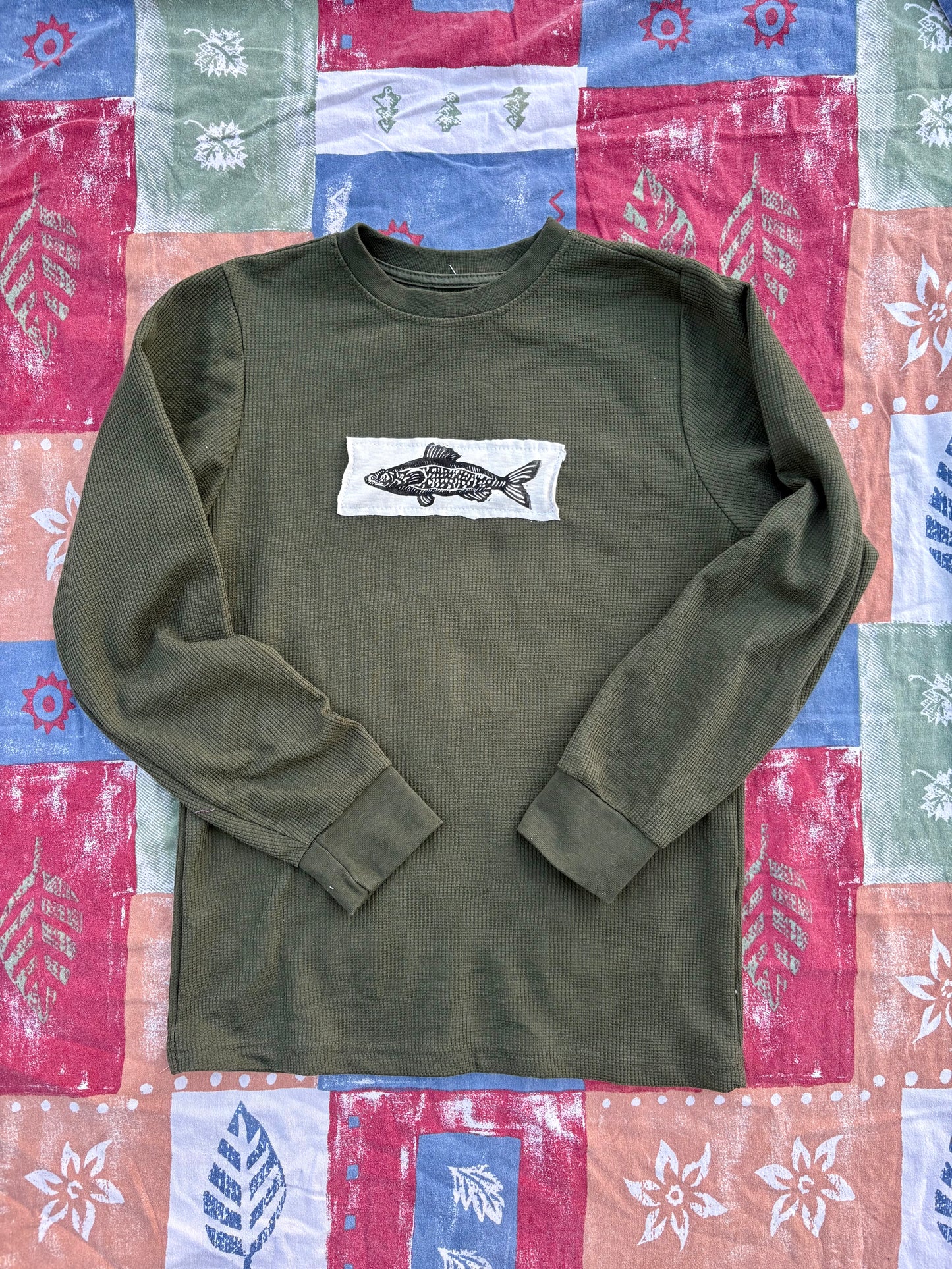 Fish- Upcycled Waffle Knit Long Sleeve M Green