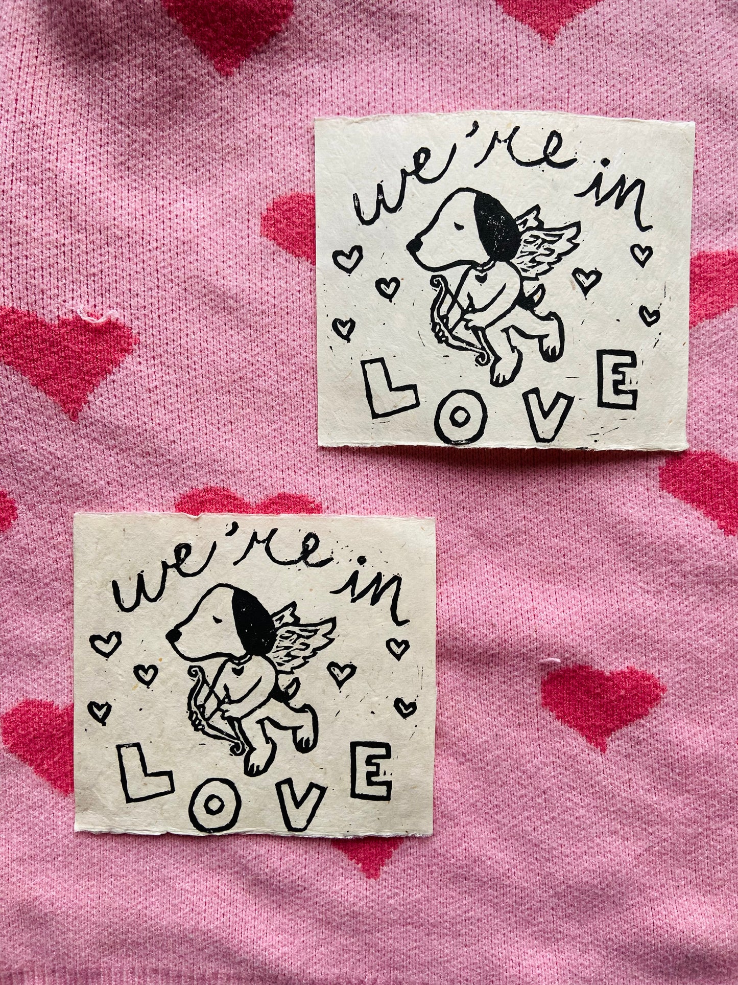 We’re in Love Linocut Print on 100% Recycled Handmade Paper, 5.5” x 6.5”