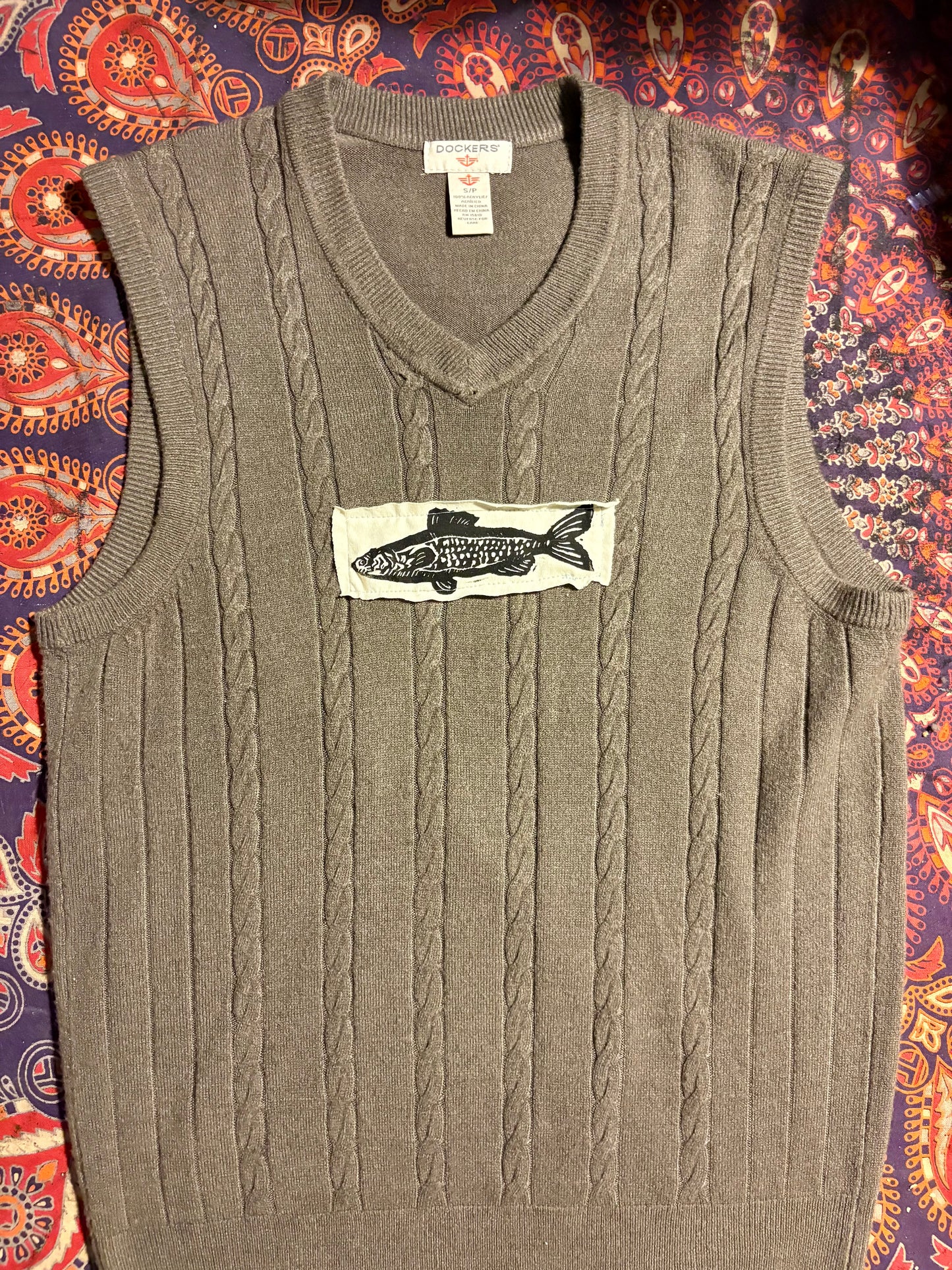 Fish Upcycled Patch Sweater Vest S/M Grey