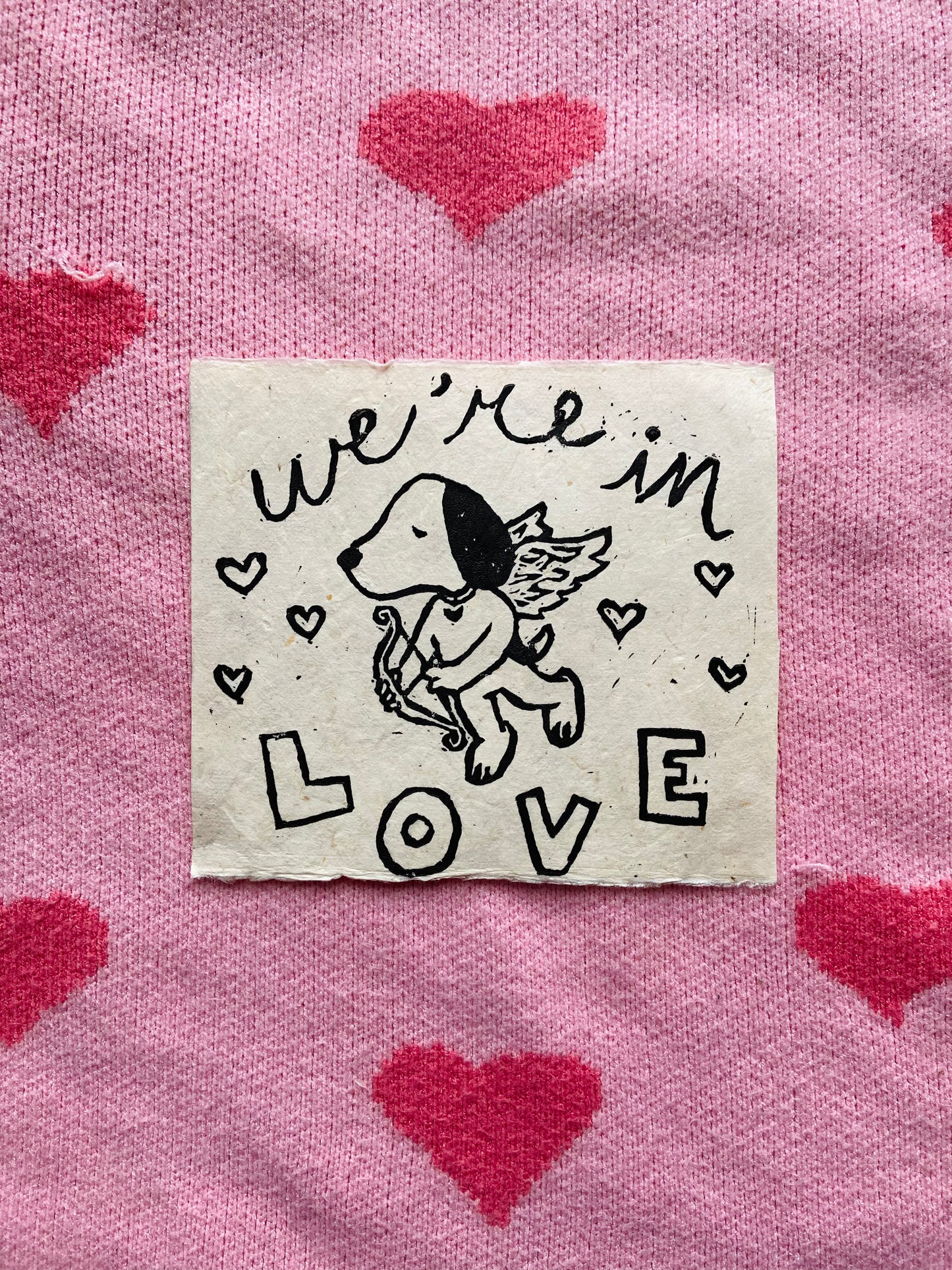 We’re in Love Linocut Print on 100% Recycled Handmade Paper, 5.5” x 6.5”