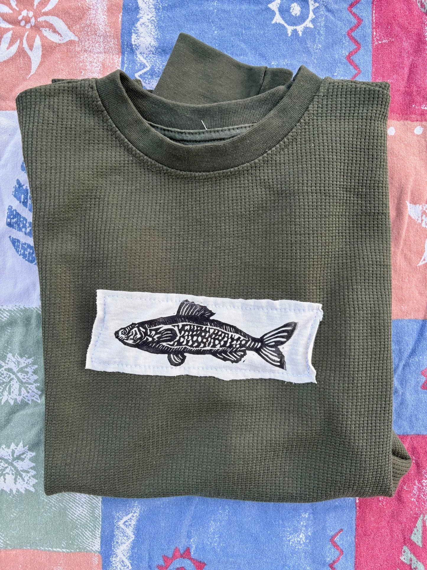 Fish- Upcycled Waffle Knit Long Sleeve M Green