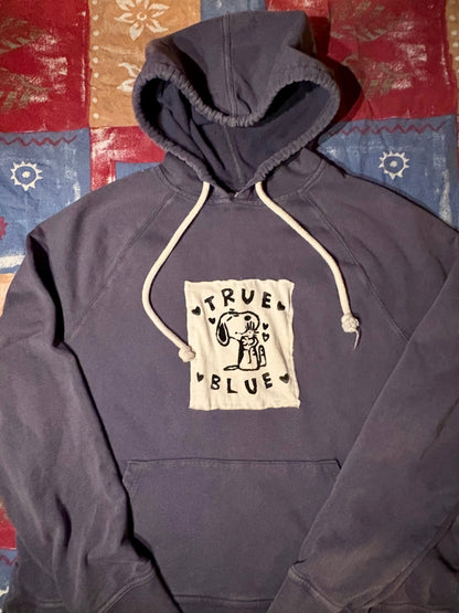 True Blue Upcycled Patch Hoodie L Blue/Grey