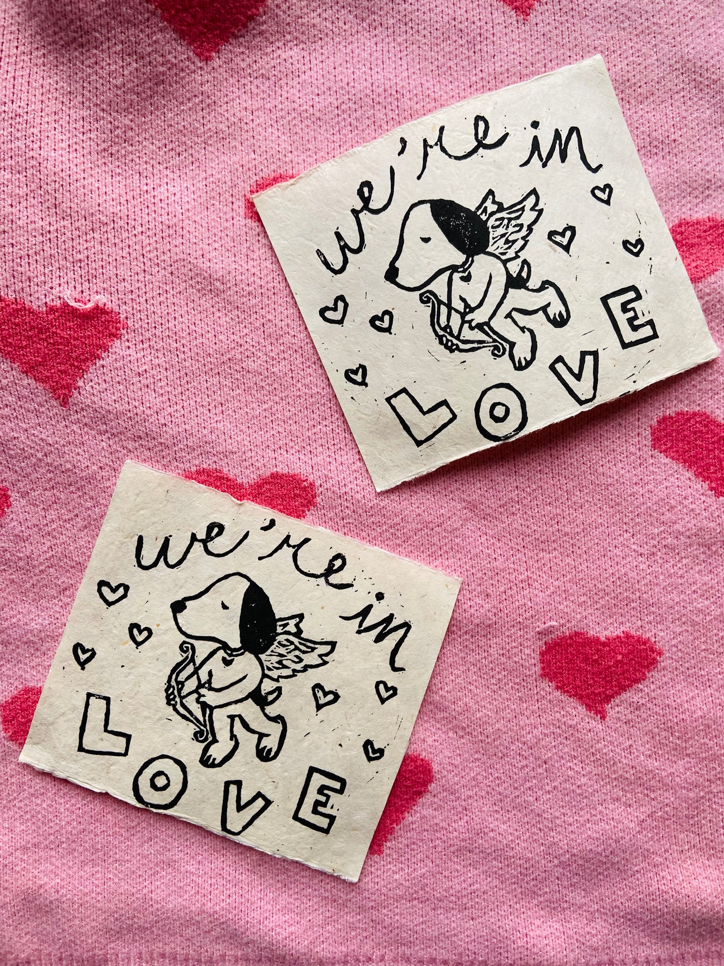 We’re in Love Linocut Print on 100% Recycled Handmade Paper, 5.5” x 6.5”