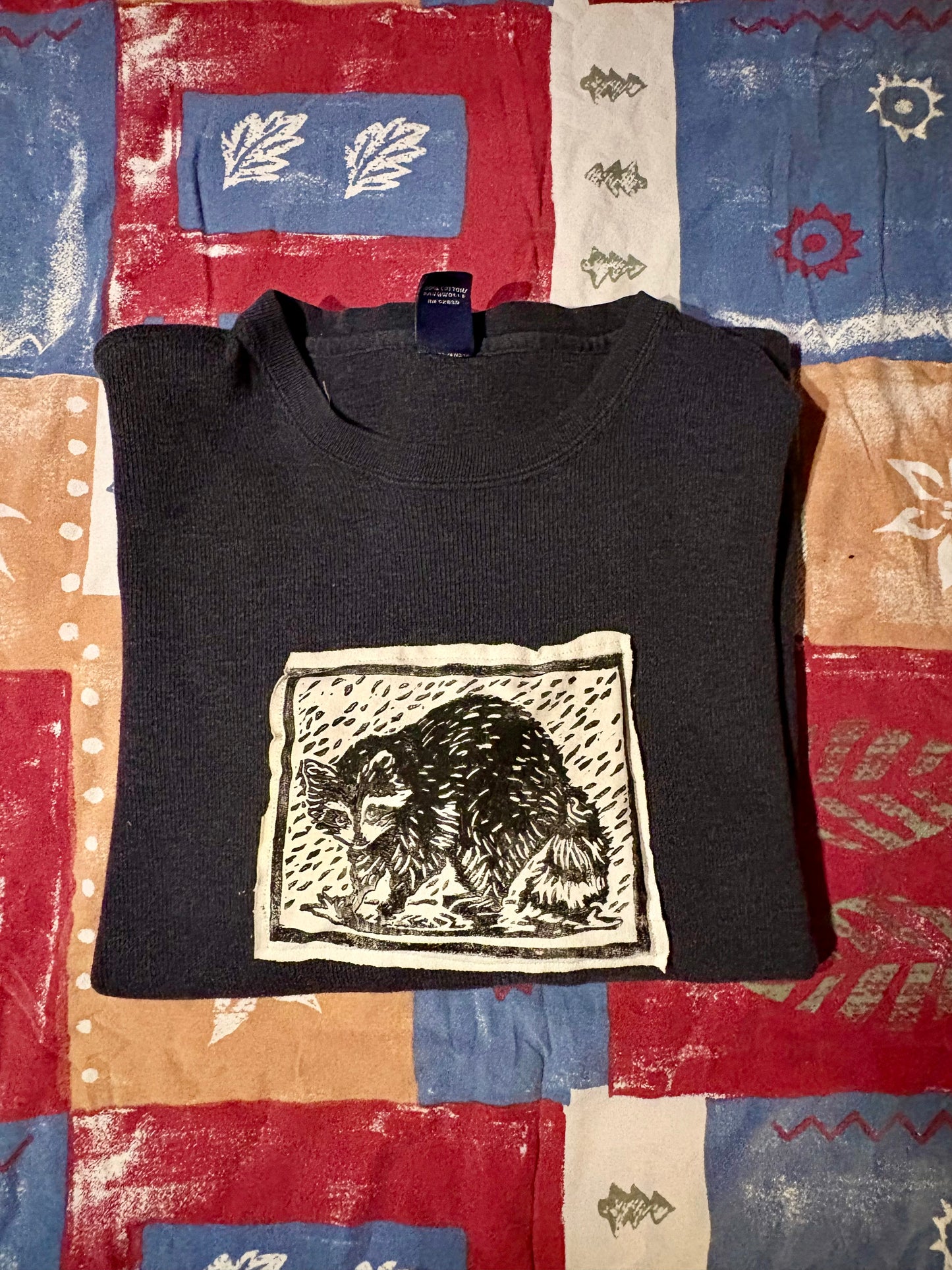 Rainy Raccoon Upcycled Patch Crewneck Sweater M Grey