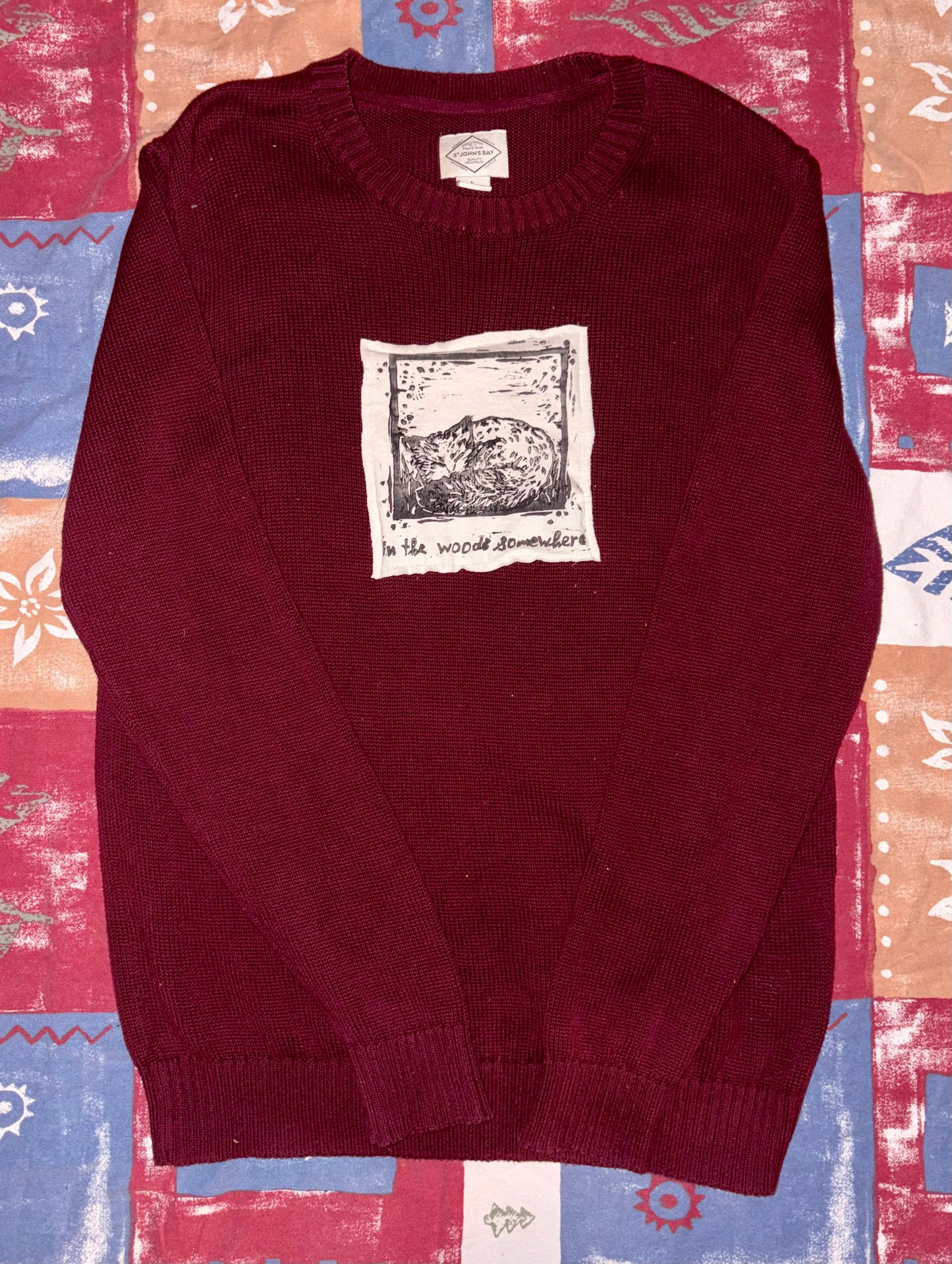 Sleeping Fox Hozier Upcycled Patch Knit Sweater L Burgundy