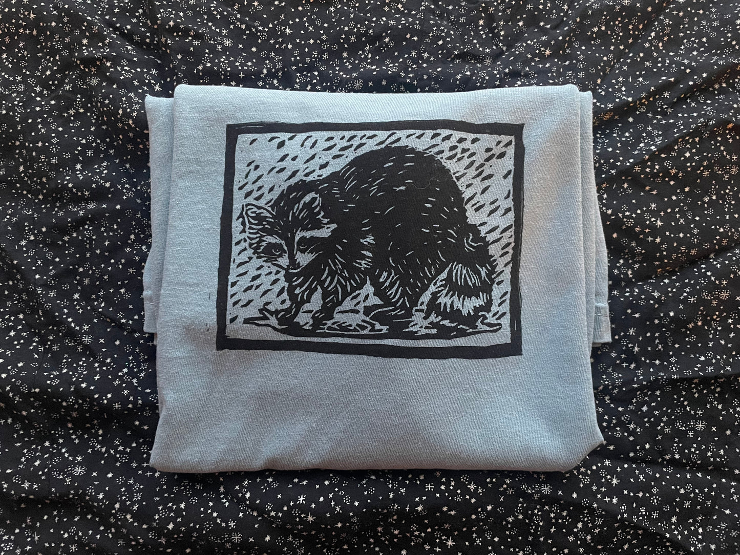 Marty- Rainy Raccoon Handprinted T-Shirt