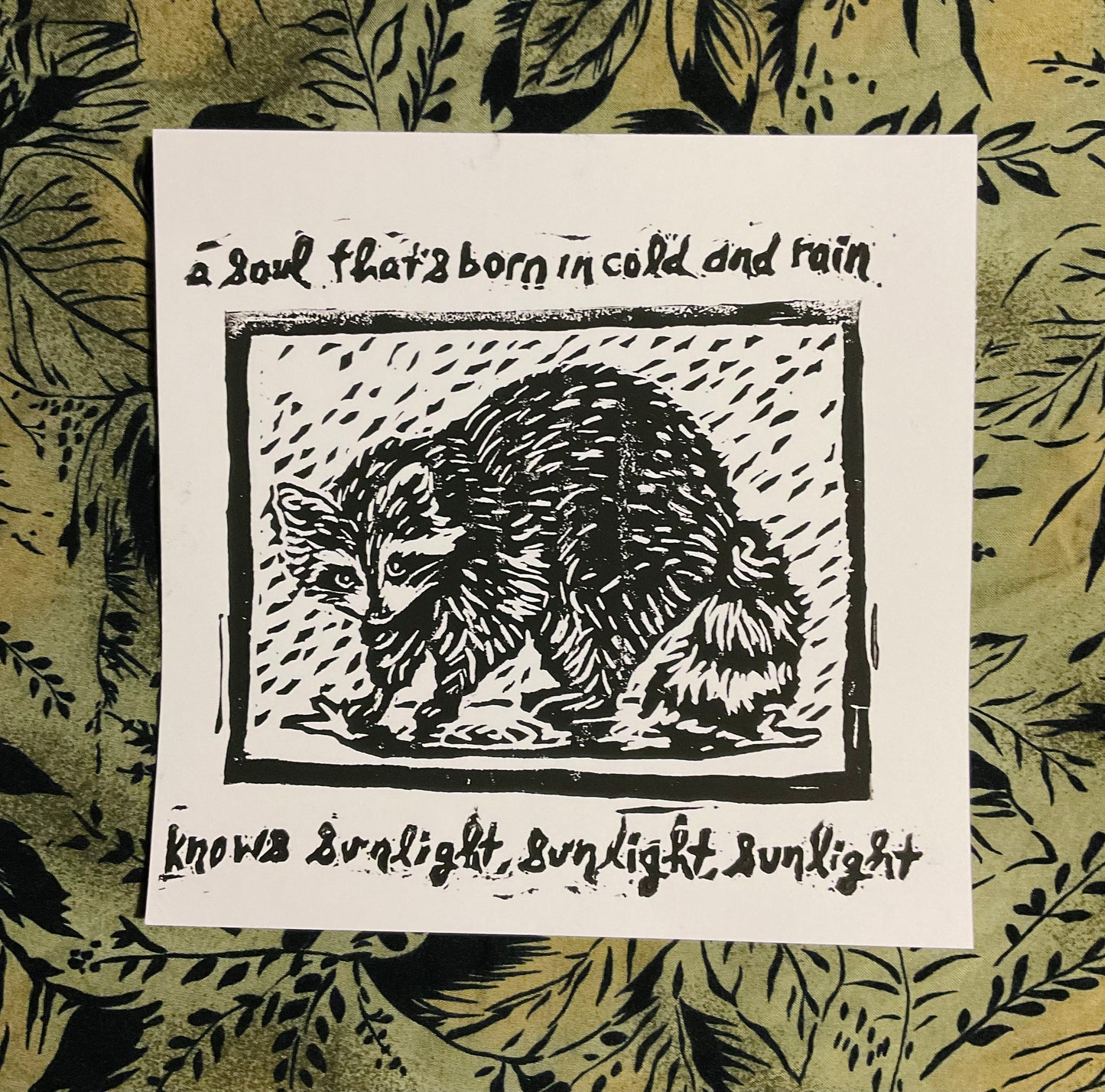 Marty- Rainy Raccoon Linocut Print, 5 x 7 or 6 x 7.5”