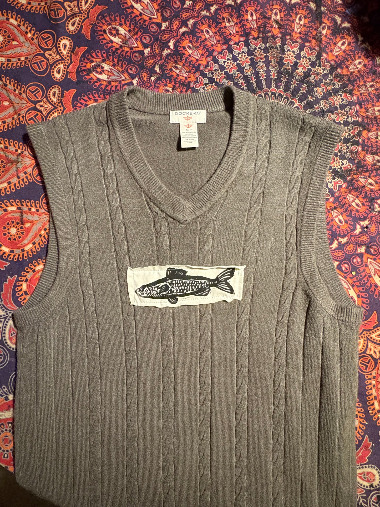 Fish Upcycled Patch Sweater Vest S/M Grey