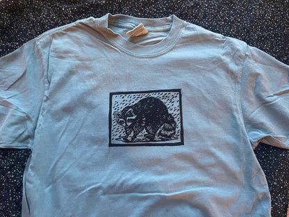 Marty- Rainy Raccoon Handprinted T-Shirt