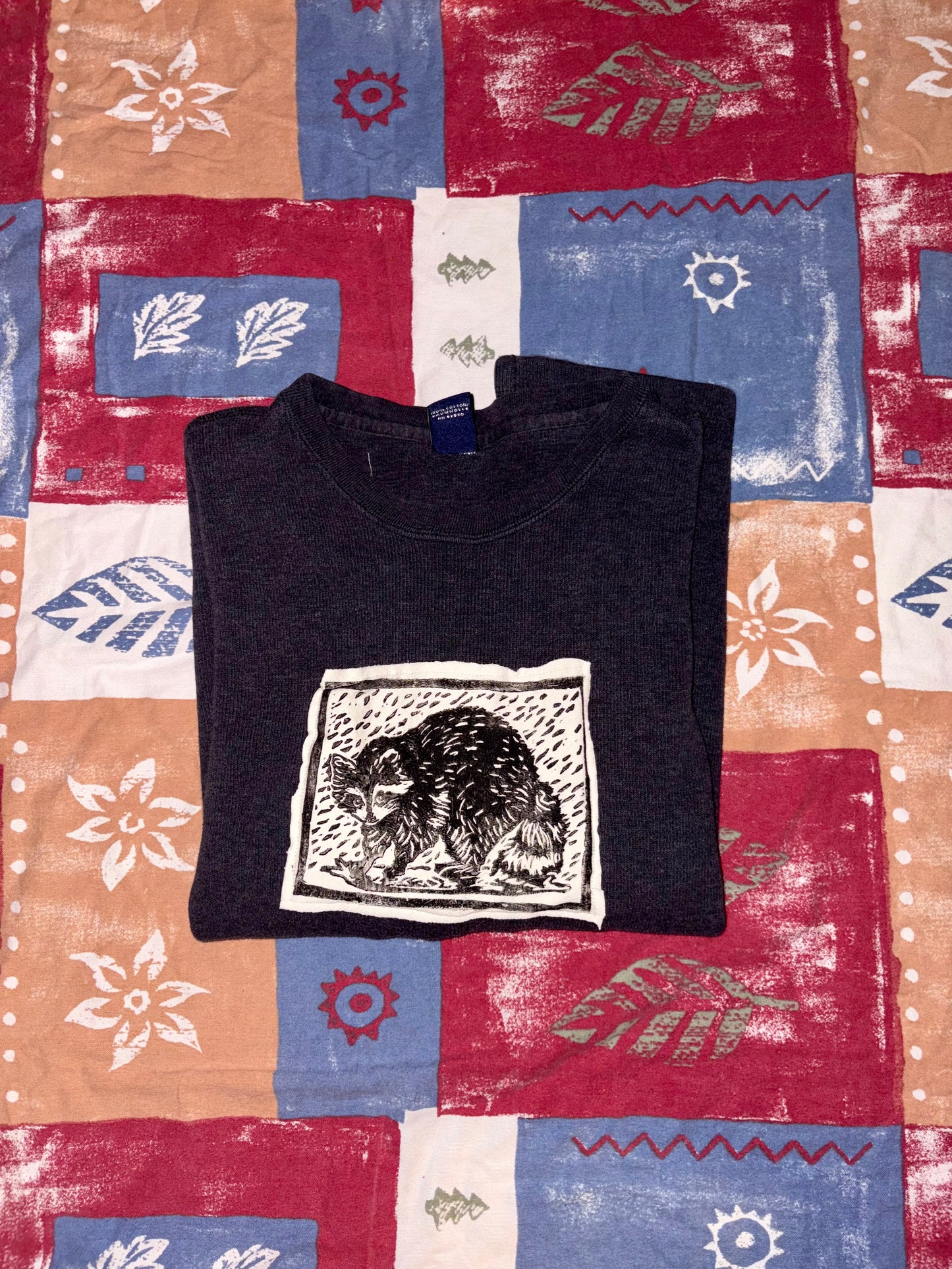 Rainy Raccoon Upcycled Patch Crewneck Sweater M Grey