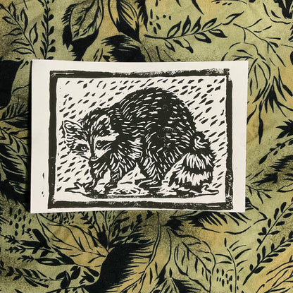 Marty- Rainy Raccoon Linocut Print, 5 x 7 or 6 x 7.5”