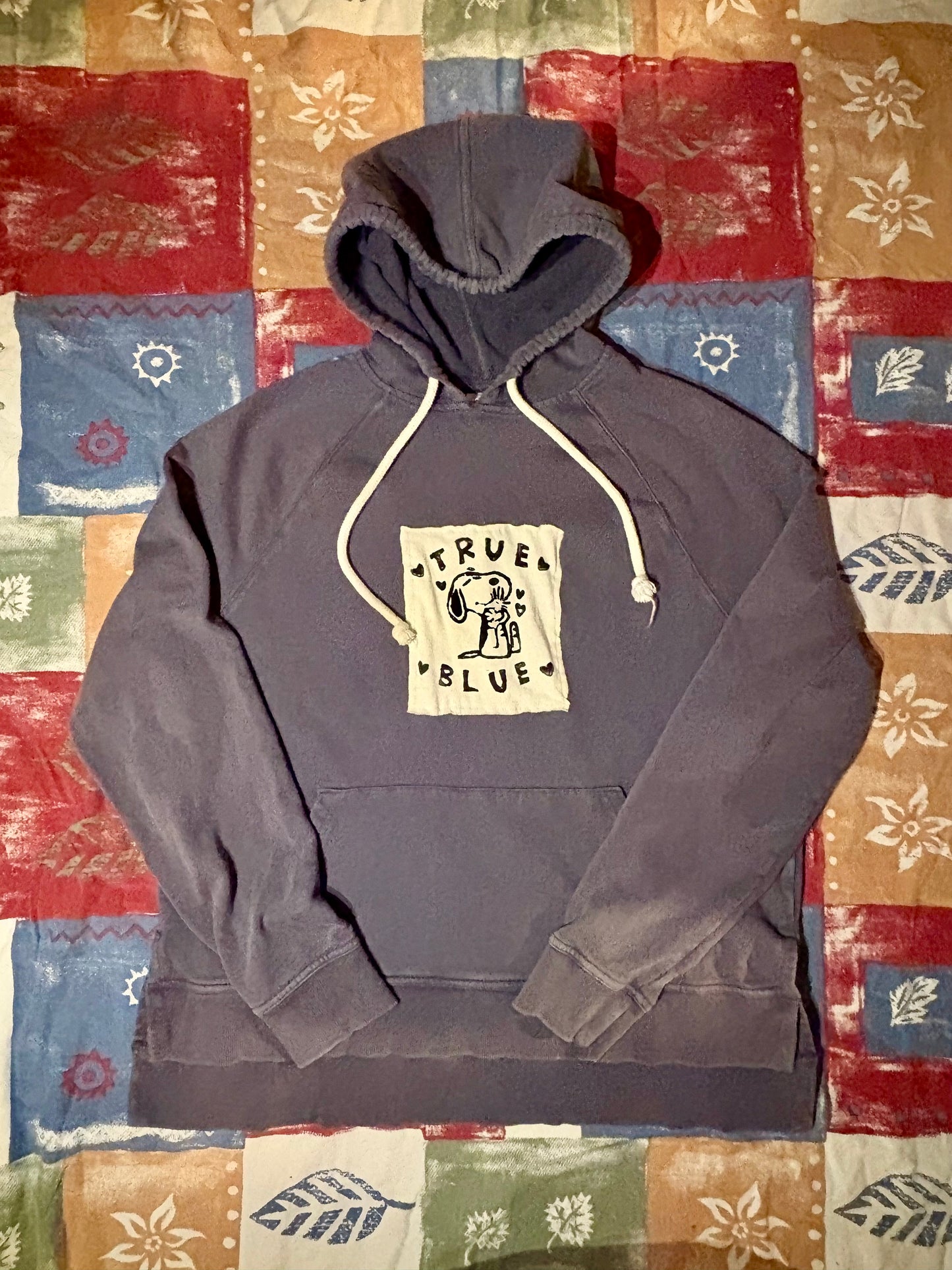 True Blue Upcycled Patch Hoodie L Blue/Grey