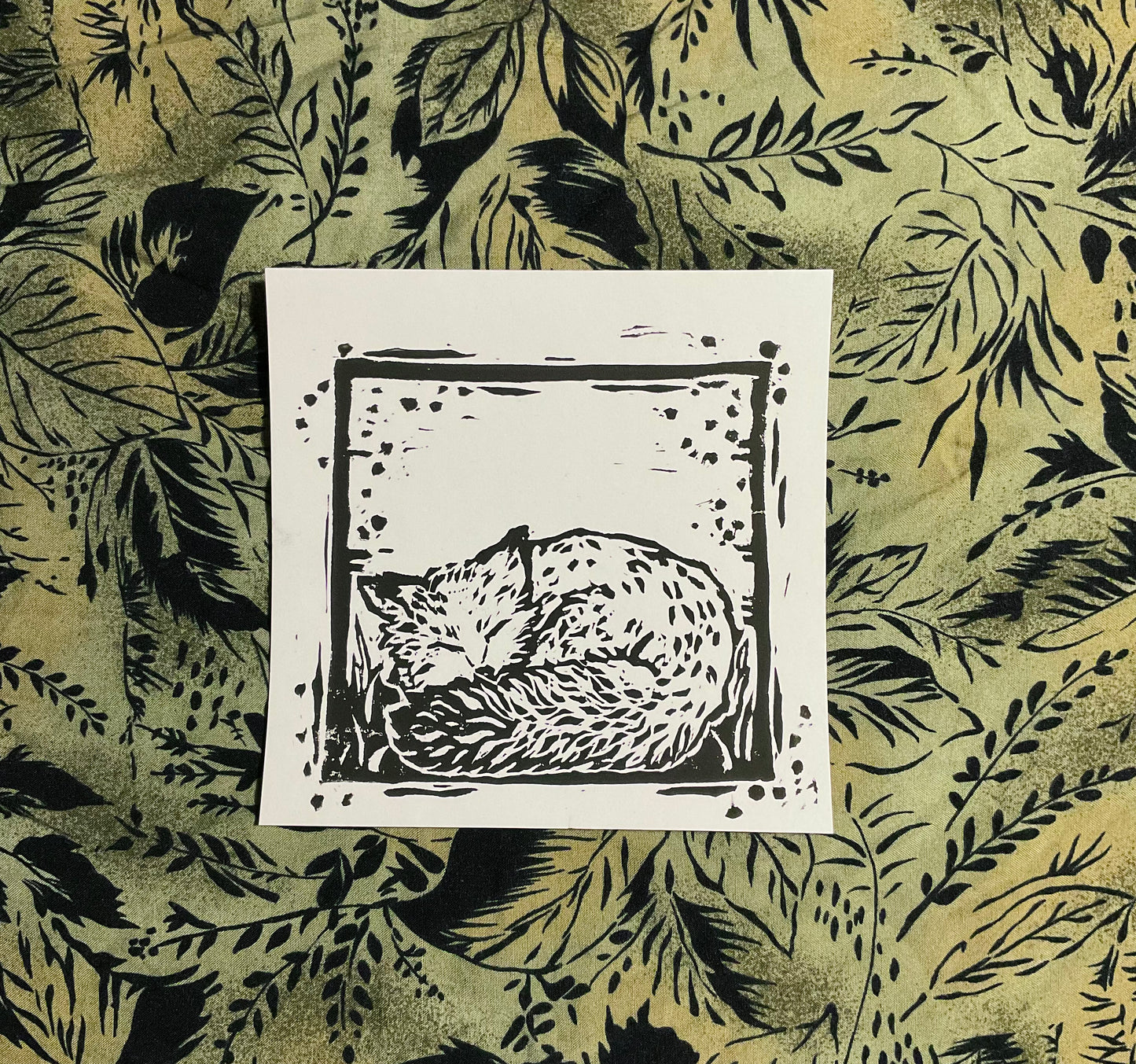 Delilah- Sleeping Fox Linocut Print, approx. 6 x 6”