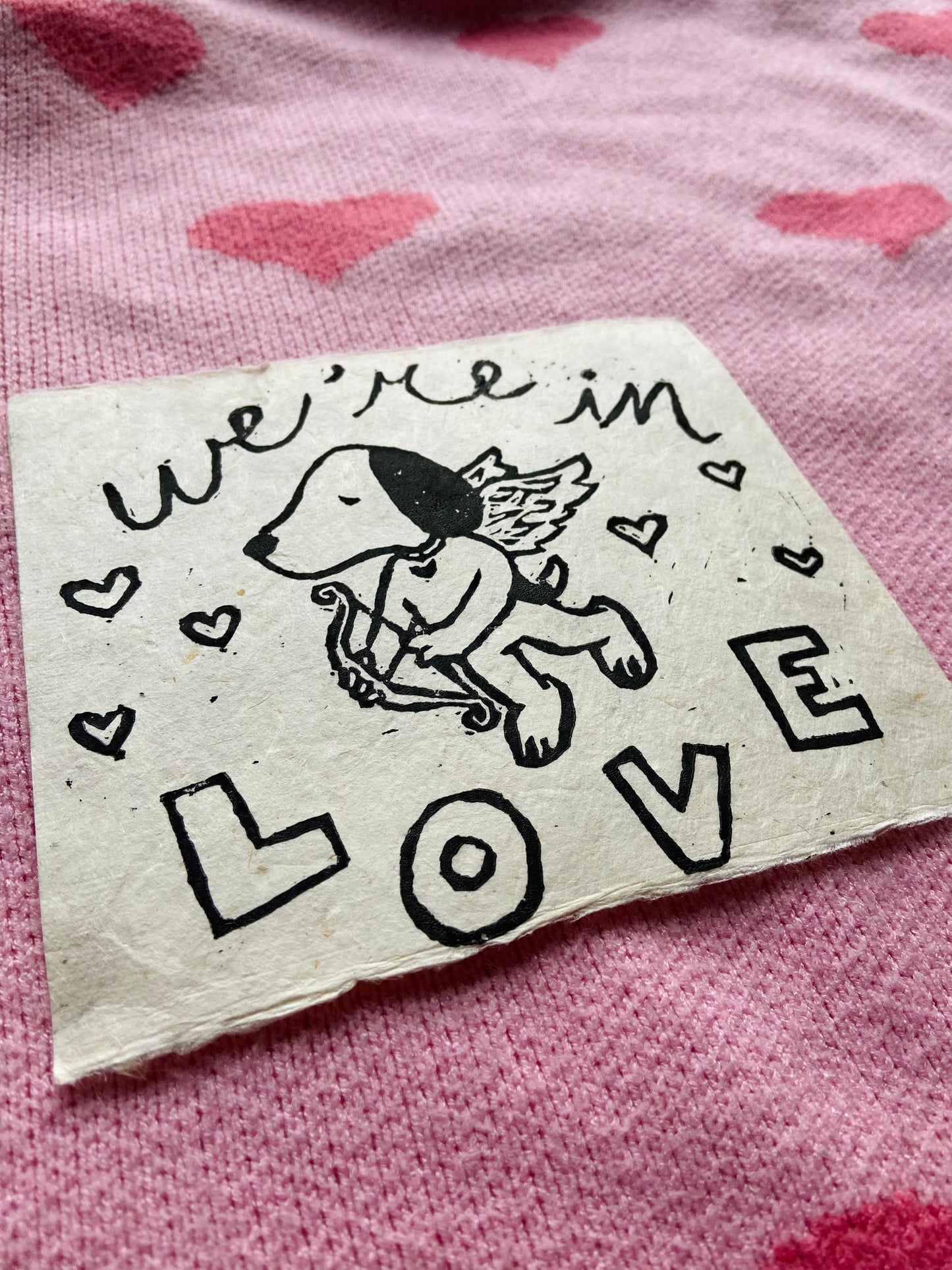 We’re in Love Linocut Print on 100% Recycled Handmade Paper, 5.5” x 6.5”