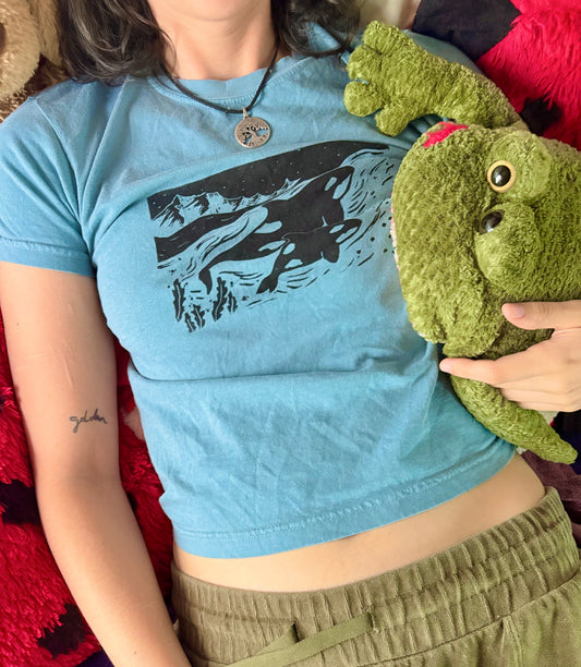 Swimming Orcas Handprinted Tee